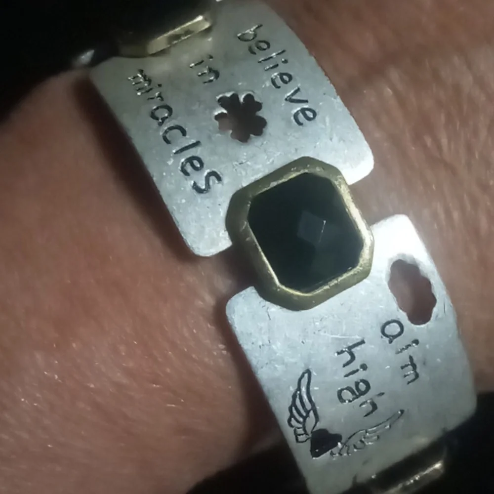 Silver Inspirational Expandable Bracelet with Black & Gold Accents Gems.